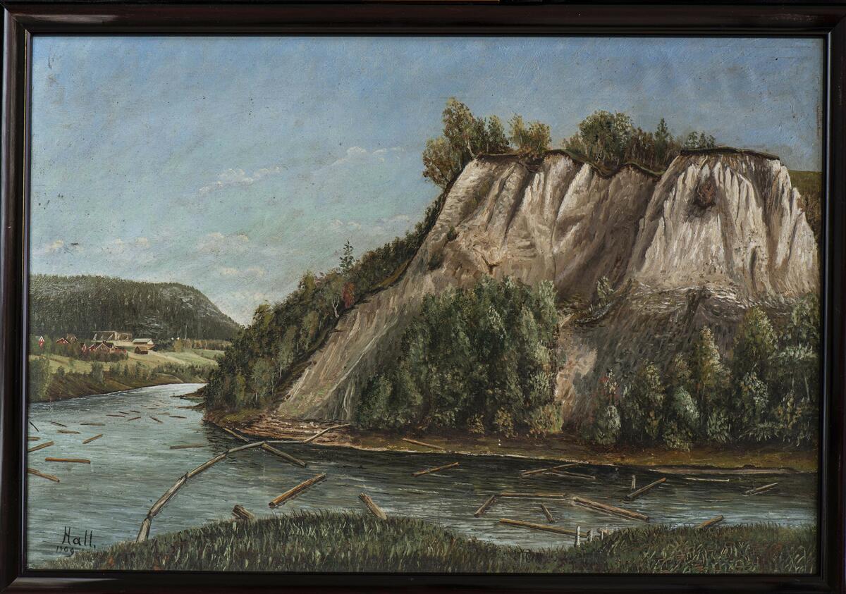 Historisk bild av sommarlandskap vid Ångermanälven. Landskapet är genomskuret av breda vatten, älvar. Centralt åt höger i bilden en delvis skogbevuxen hög höjd med rasbranter, nipa. I förgrunden en grön landremsa, på vattnet flyter timmer, till vänster älven med jordbruksbygd sluttande från trädbevuxen hög bergrygg. 

Ram: 2,5 cm, mahognyfärgad.