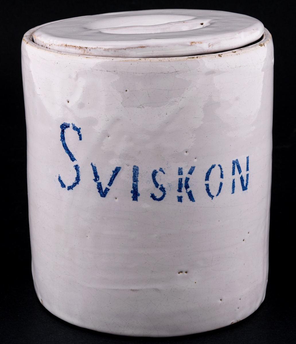 Burk med lock, fajans, märkt SVISKON (vit glasyr).