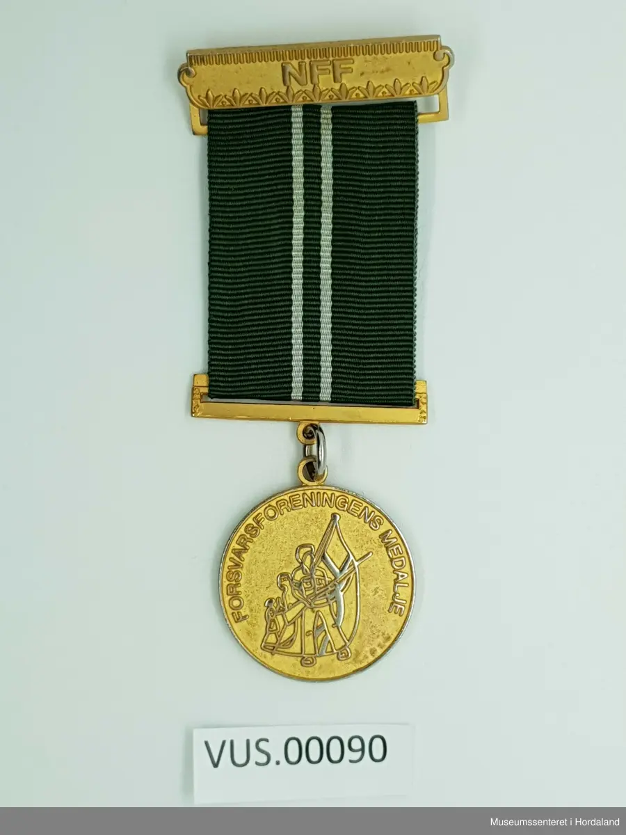 Gylden medalje festet med grønt sløyfebånd med to hvite, smale striper i midten. Nålen som festes til jakken er montert på en gylden plate med  liljekant nederst og stolpekant øverst, mellom dette står det NFF

Selve medaljen er gylden og rund, langs kanten står innskrift Forsvarsforeningens medalje.

Nederst og i senter av medaljen er en relieff, strektegning av foreningens gamle emblem som viser en mann med gevær foran en kvinne og et barn og det norske flagg. 