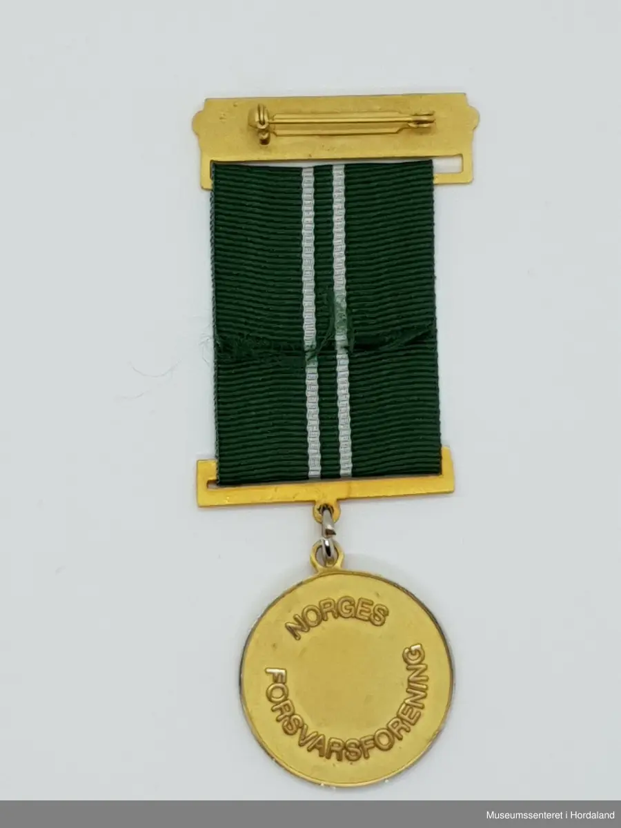 Gylden medalje festet med grønt sløyfebånd med to hvite, smale striper i midten. Nålen som festes til jakken er montert på en gylden plate med  liljekant nederst og stolpekant øverst, mellom dette står det NFF

Selve medaljen er gylden og rund, langs kanten står innskrift Forsvarsforeningens medalje.

Nederst og i senter av medaljen er en relieff, strektegning av foreningens gamle emblem som viser en mann med gevær foran en kvinne og et barn og det norske flagg. 