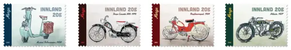 Fire frimerker med motiv av norske mopeder, motorsykler og scootere.