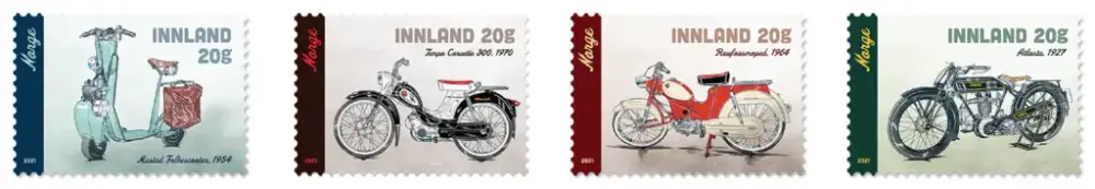 Fire frimerker med motiv av norske mopeder, motorsykler og scootere.