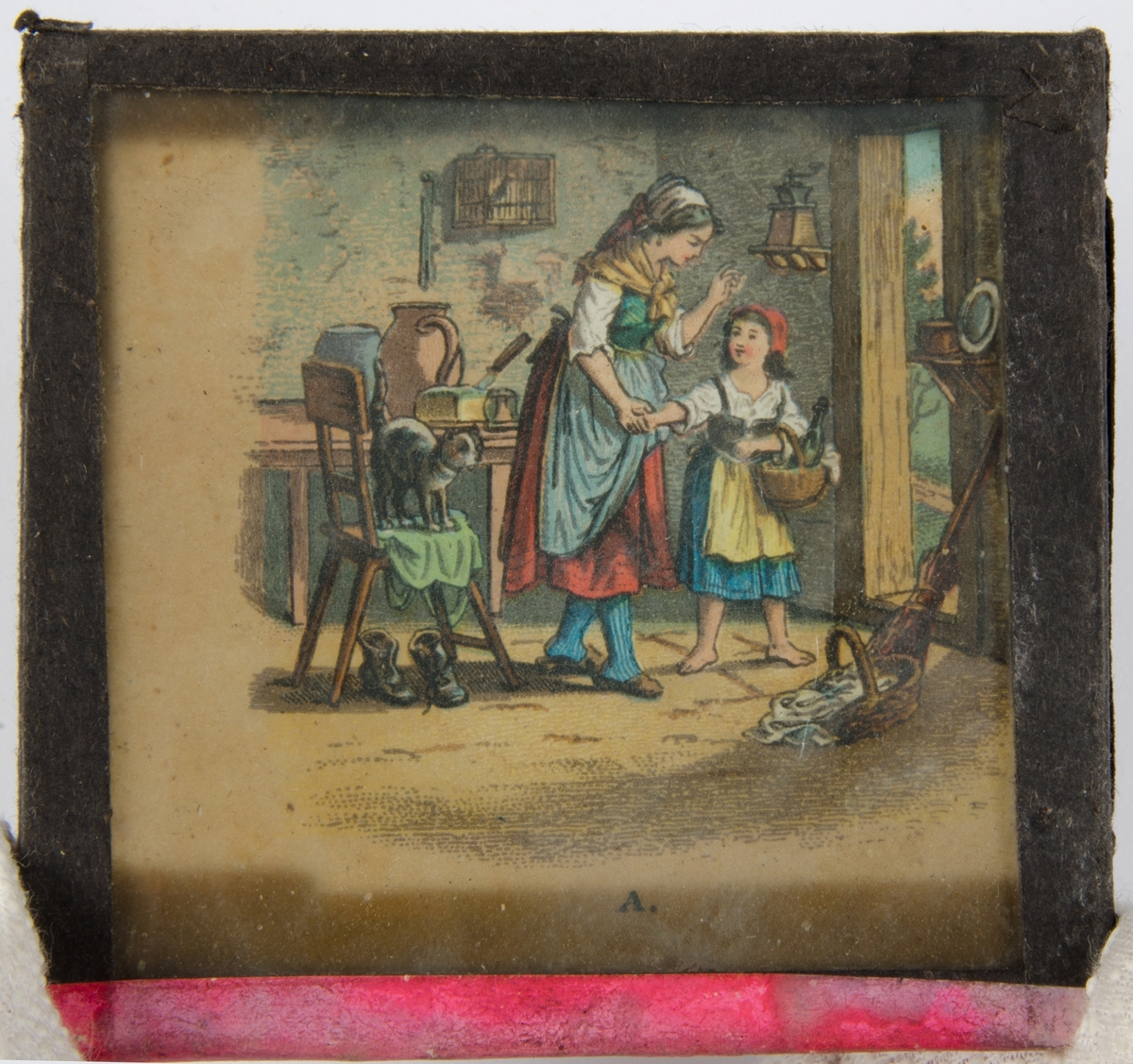 Tjugoåtta skioptikonbilder med motiv från bl.a. olika historiska händelser och sagor. Merparten i färg. Vissa skioptikonbilder, såsom avbildade personer, i sv/v. De flesta har en rosa, gul eller svart tejp som håller ihop de två glasplåtar i vilka motivet är fastsatt i. Vissa av bilderna är numrerade eller märkta med en bokstav.