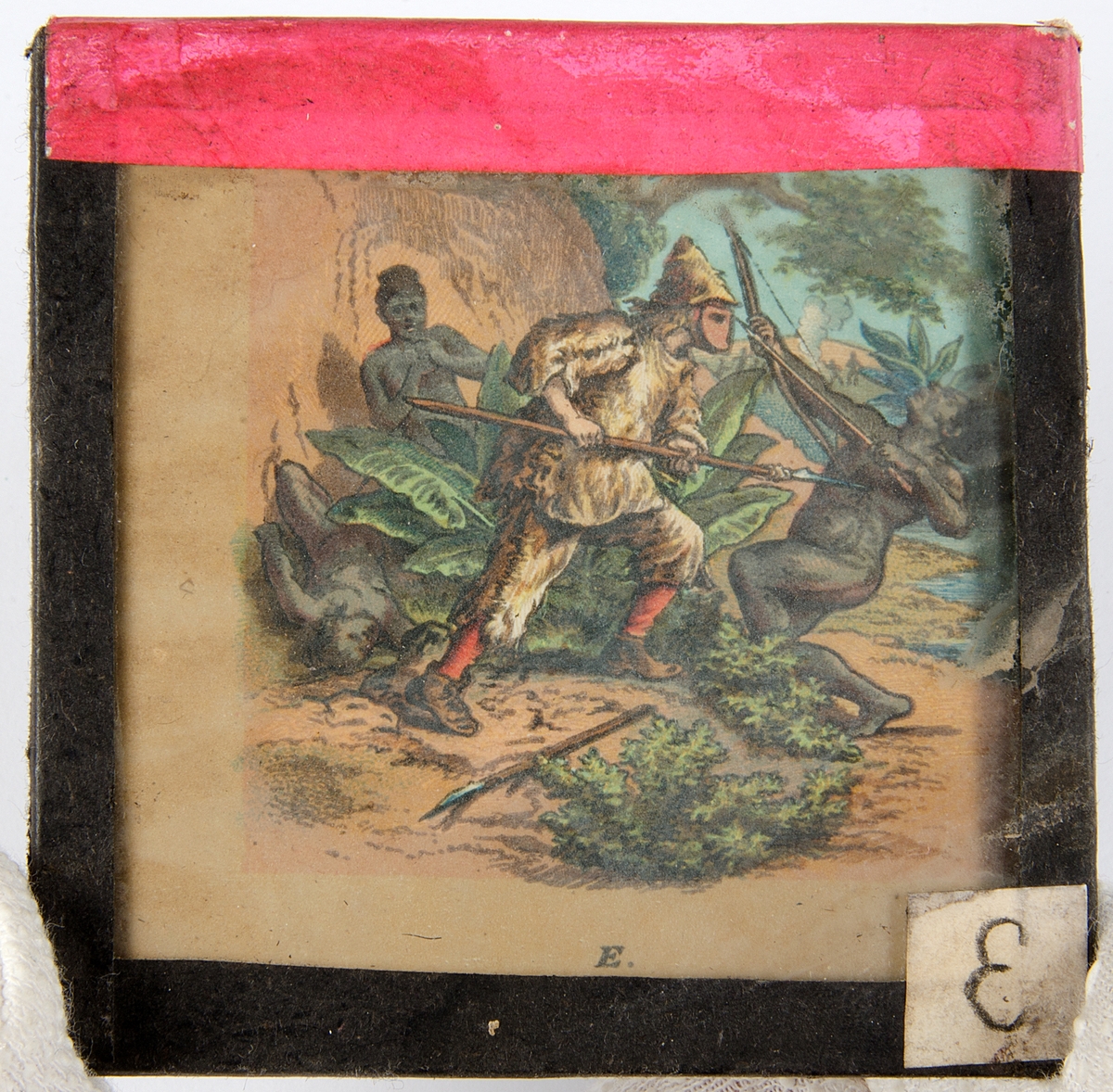 Tjugoåtta skioptikonbilder med motiv från bl.a. olika historiska händelser och sagor. Merparten i färg. Vissa skioptikonbilder, såsom avbildade personer, i sv/v. De flesta har en rosa, gul eller svart tejp som håller ihop de två glasplåtar i vilka motivet är fastsatt i. Vissa av bilderna är numrerade eller märkta med en bokstav.