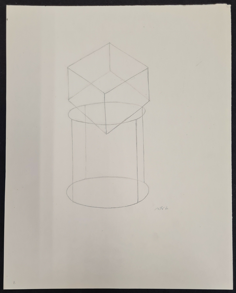 Teckning av F. A. Zettergren. En teckningsstudie av en kub i en cylinder. Daterad 25/5 1861.