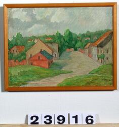 Vy med hus och träd * [Målning]