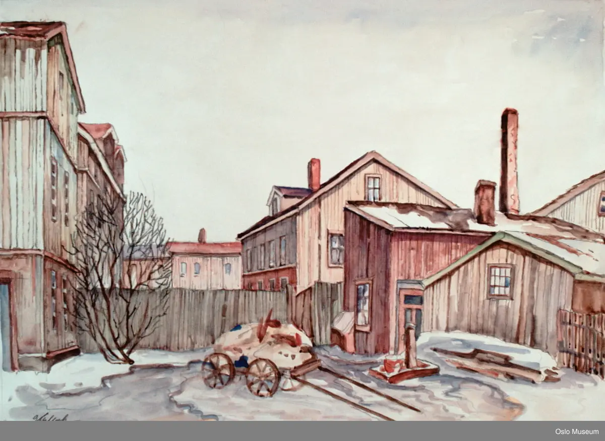 arkitektur, gårdsinteriør, vannpost, kjerre