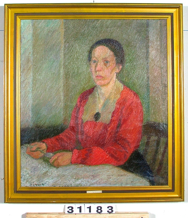 Påskrift (på duken): "sjelvporträt (FAGERKVIST)".
Påskrift (på lapp): "Thor Fagerkvist Den röda blusen".