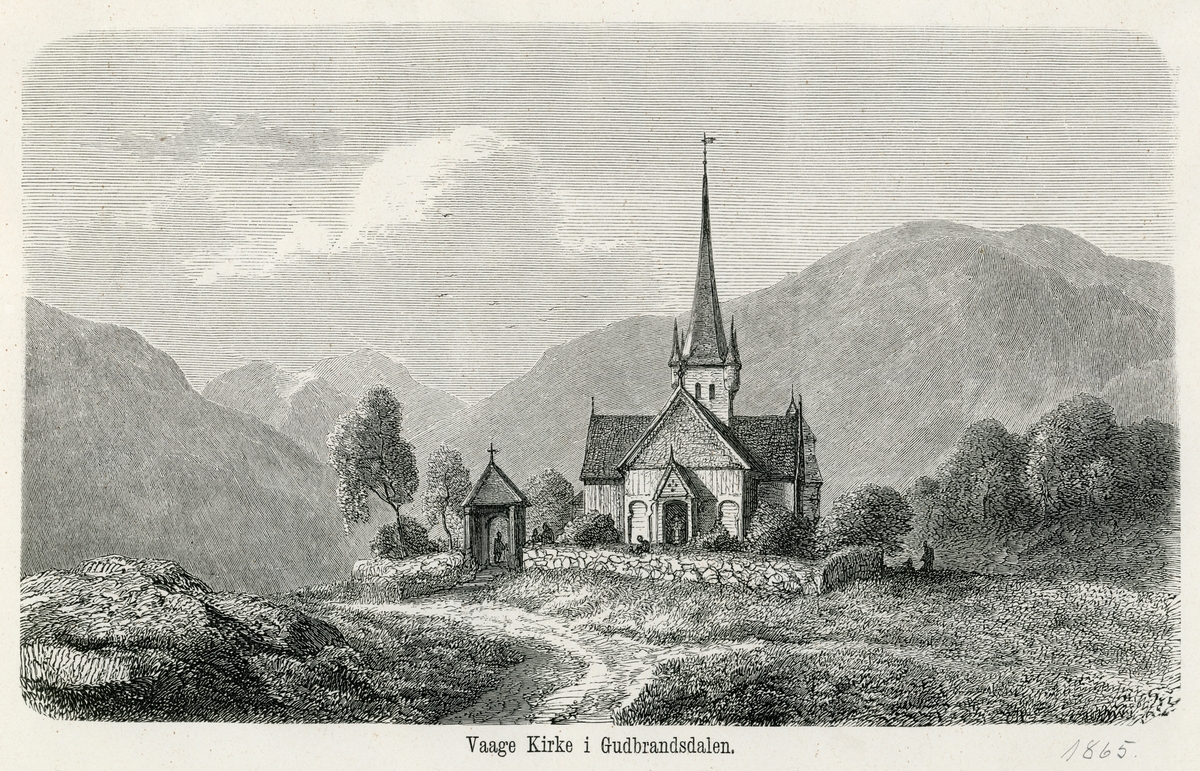 Vågå kirke, slik den ble dokumentert av en grafiker på midten av 1800-tallet. Bildet viser ei korskirke av tre, med tårn over midtpartiet, der sideskipene krysser hverandre. Kirka var omgitt av et steingjerde med en inngangsportal av tre på den sida som vendte mot bygdevegen. På baksida, litt til høyre for kirkebygningen, skimter vi en klokkestøpul, som i Vågå var en laftekonstruksjon, uten at det framgår tydelig av detten bildet. Vågå kirke ligger i dag i tettbygd strøk – kommunesenteret Vågåmo. På dette bildet ser vi ingen annen bebyggelse enn den som hørte kirka til. I bakgrunnen ser vi høye fjell mot en lettskyet himmel.

Om Vågå-kirka skrev prosten Hugo Friderich Hiorthøy (1741-1812) følgende i boka Physisk og Ekonomisk Beskrivelse over Gulbransdalen Provstie i Aggershuus Stift i Norge» (1785): «Vaage Hoved-Kirke, en gammel Træe-Kirke af Reis-Værk, med et lidet Kors, og i Henseende til Sognets Størrelse er Kirken alt for liden. Merkværdige Ting af gamle Ornamenter og deslige findes her ikke.» Dette er nok oppfatninger ettertida vil bestride. Arkitekten Johan Meyer (1860-1940) påpekte tidlig på 1900-tallet at «Loms og Vaages hovedkirker fik i Kristian 4.des tid [første halvdel av 1600-tallet] et usedvanlig rikt inventar». I dag telles Vågå-kirka med blant 28 bevarte stavkirker i Norge, sjøl om den i andre halvdel av 1620-åra ble revet og gjenoppført i noe det er riktigere å kalle en bindingsverkskonstruksjon. Byggmesteren som utførte dette arbeidet, Werner Olsen (ca. 1600-1682), sørget imidlertid for at mange elementer fra den eldre stavkirka i bygda ble gjenbrukt. Seinere ledet den samme Werner Olsen ombygginger av stavkirkene i Lom og Ringebu med sikte på at de skulle romme menigheter med voksende folketall. Den gjenoppbygde Vågå-kirka ble ei korskirke. Over krysningspunktet i den korsformete grunnplanen ble det reist et tårn med et høyt, sentralt hovedspir og fire mindre hjørnespir. Et av de eldre elementene som har opptatt arkitekturhistorikerne er det nærliggende å nevne en blindarkade – ei dekorativ søyle- og buerekke på den vestre fasaden – som framstår som meget alderdommelig. Her mener fagfolk å se et slektskap med stilelementer som preget steinarkitekturen i Nidarosdomen på 1100-tallet. Et annet interessant element er en stavkirkeportal som er gjenbrukt ved døråpningen på Vågå-kirkas sørfløy. Den består av to halvsøyler, en ved hver dørstolpe, der kapitelene forbindes av en halvsirkelformet bue. Omkring denne konstruksjonen er det figurative utskjæringer med løver og draker som motiver. Også her mener ekspertisen å se påvirkning fra Nidarosdomen på 1100-tallet.