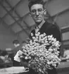 En man med en bukett tulpaner i famnen. Auktionshallen Bloemenlust i Aalsmeer. Tyskland-Holland-Belgien 1938.