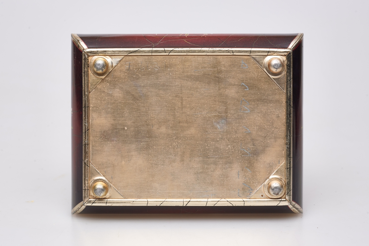 Skrinet er rektangulært, har fire små stetter, gulbrunt under, det utvider seg noe, men er likevel bare 1 cm bredere øverst enn nederst. Skrinet er brunt og har tegninger av blomster og blad. På lokket er en tegning av to hester som trekker en elegant vogn, i denne sitter glade mennesker av begge kjønn.