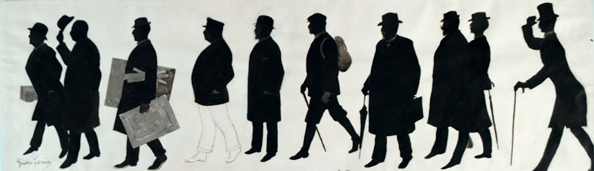 silhouette, helfigur, menn, hodeplagg, frakk, stokk