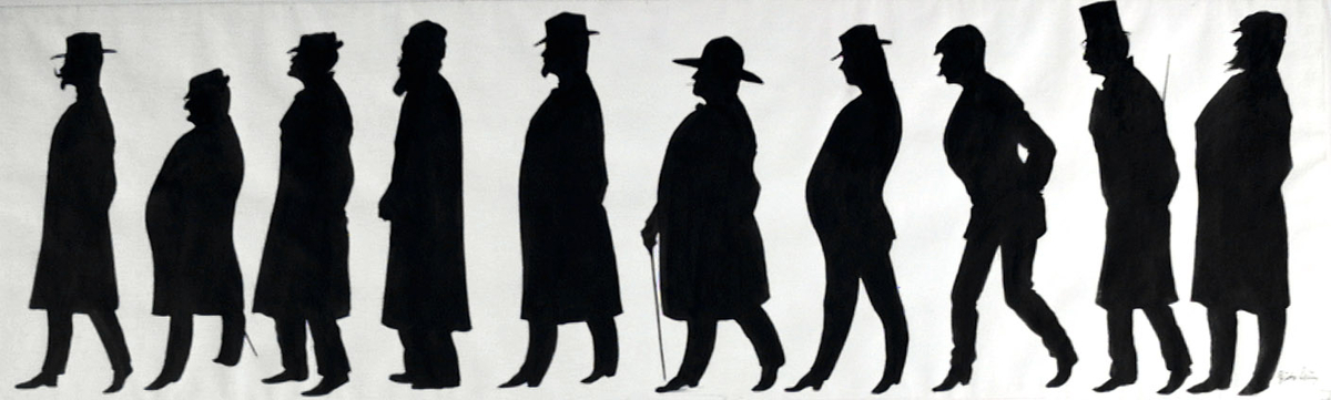 silhouette, helfigur, kunstnere, menn, hodeplagg, frakk