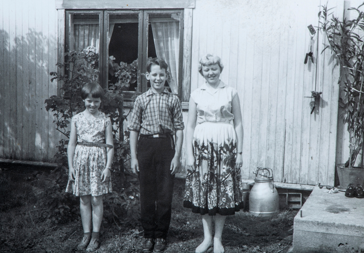 Gruppe 3 barn, ungdom utenfor inngangspartiet på hovedhuset, Flagstad gård, Løten. 
Fra venstre Karin Flagstad, Arne Flagstad og Inger Karin Rønningsbakken. 1958.
