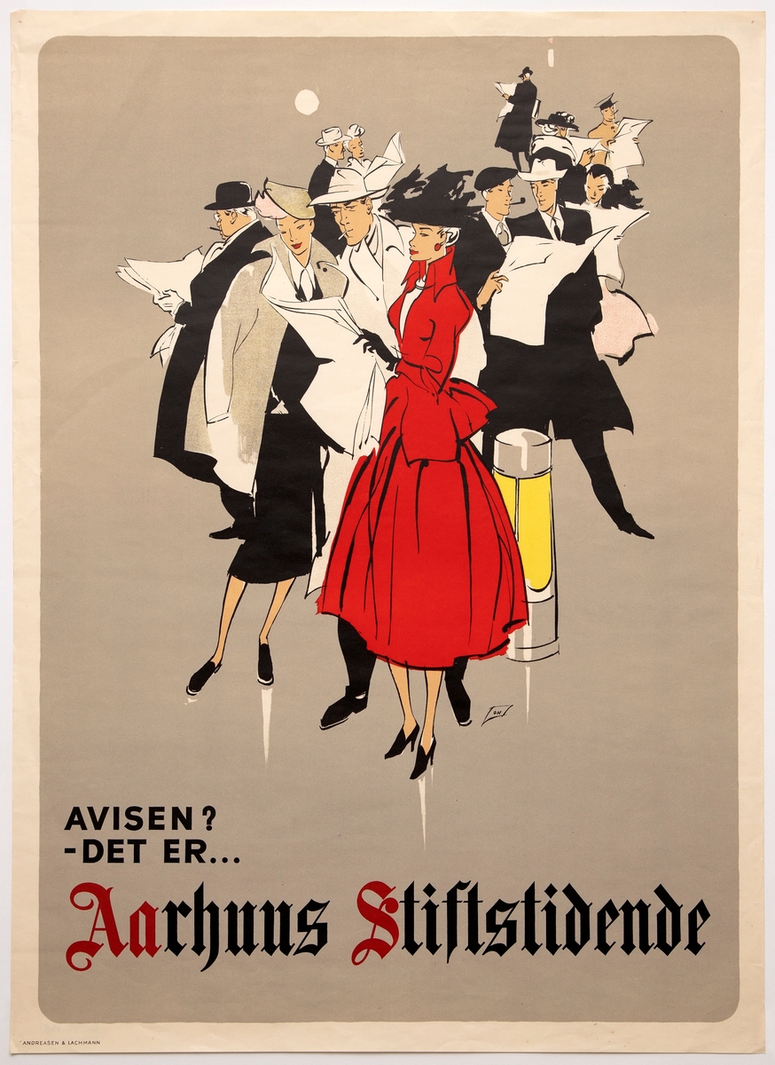 Fremstilling av en gruppe "bykledde" mennesker som leser aviser.