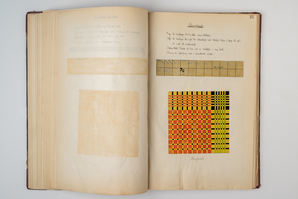 Mönsterbok. Vävmönster, inbundna med hårda pärmar som är klädda utvändigt och invändigt med marmorerat papper. Pärmen är förstärkt med rött material längs ryggen och på fyra hörn. Text i guld på omslagets framsida: "Svenska konstvävnader 1930-1931 Ingrid Margareta Axberg". Boken innehåller pappersark (sidor) med handskrift och inklistrade mönster målade på smårutigt papper. Mellan papperssidorna sitter silkespapper.

Innehåll:
1. Rosengång
2. Munkabälte
3. Upphämta
4. Dukagång
5. Halvkrabba
6. Krabbasnår
7. Röllakan
8. Flossa
9. Rya
10. Snärjvävnad
11. Dubbelvävnad
12. Flamskvävnad