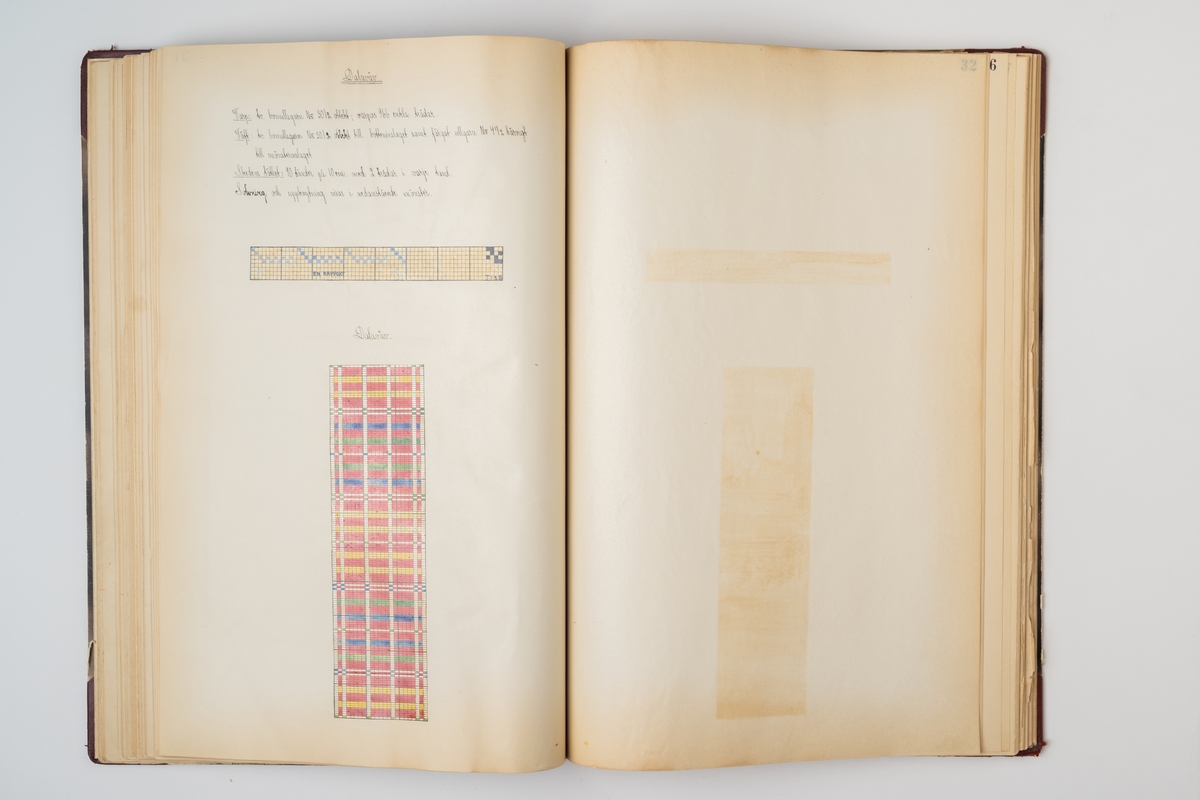Mönsterbok. Vävmönster, inbundna med hårda pärmar som är klädda utvändigt och invändigt med marmorerat papper. Pärmen är förstärkt med rött material längs ryggen och på fyra hörn. Text i guld på omslagets framsida: "Svenska konstvävnader 1930-1931 Ingrid Margareta Axberg". Boken innehåller pappersark (sidor) med handskrift och inklistrade mönster målade på smårutigt papper. Mellan papperssidorna sitter silkespapper.

Innehåll:
1. Rosengång
2. Munkabälte
3. Upphämta
4. Dukagång
5. Halvkrabba
6. Krabbasnår
7. Röllakan
8. Flossa
9. Rya
10. Snärjvävnad
11. Dubbelvävnad
12. Flamskvävnad