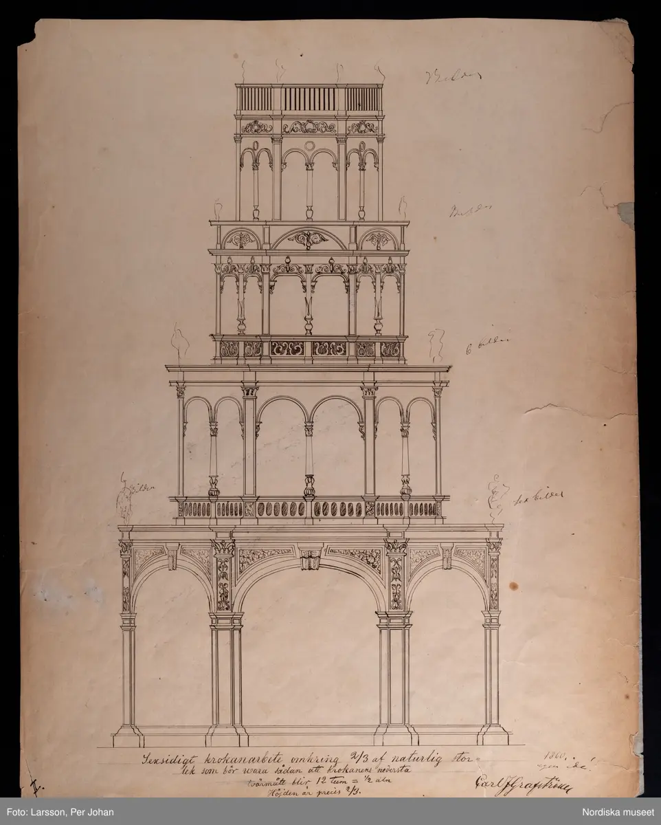 Huvudliggaren:
"7 st. utkast till krokaner, utförda av konditor C. J. Graftsröm 1852-1860. Gåva den 10/3 1908 av Thulin Fanny, fru, f. Hellbacher, Piteå."