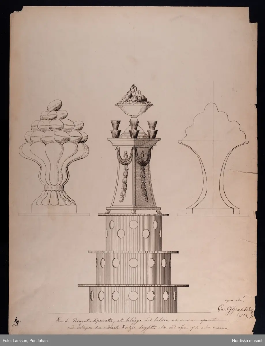 Huvudliggaren:
"7 st. utkast till krokaner, utförda av konditor C. J. Graftsröm 1852-1860. Gåva den 10/3 1908 av Thulin Fanny, fru, f. Hellbacher, Piteå."