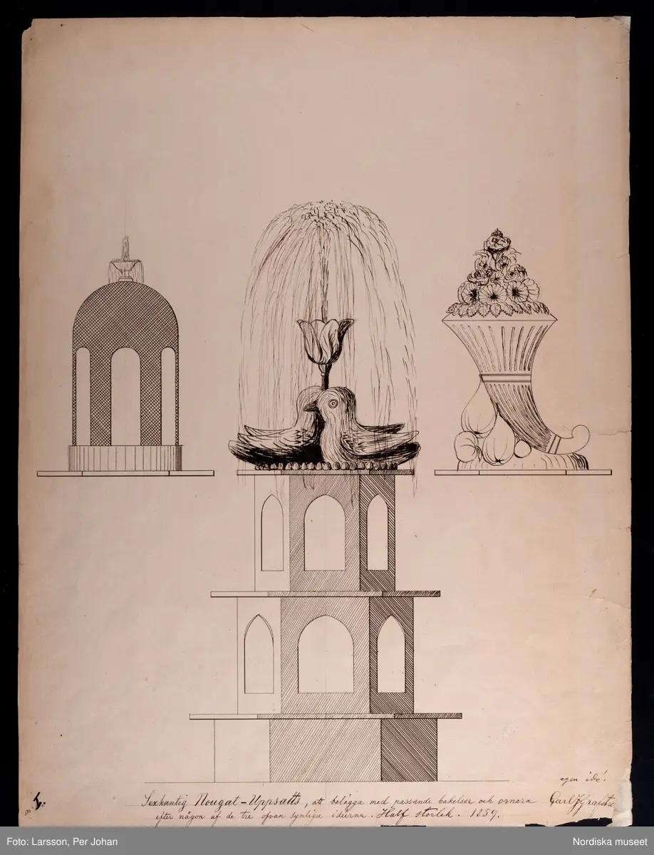 Huvudliggaren:
"7 st. utkast till krokaner, utförda av konditor C. J. Graftsröm 1852-1860. Gåva den 10/3 1908 av Thulin Fanny, fru, f. Hellbacher, Piteå."