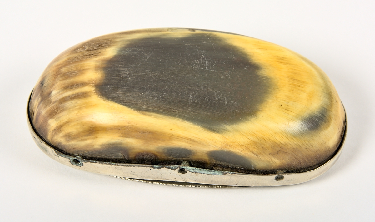 Ovalt formad snusdosa med bottendel snidad av kohorn. Lock och överdel är tillverkat i nysilver. Snusdosan vilar på en kudde av blå sammet, och snusdosan är även vadderad på insidan med blå sammet.