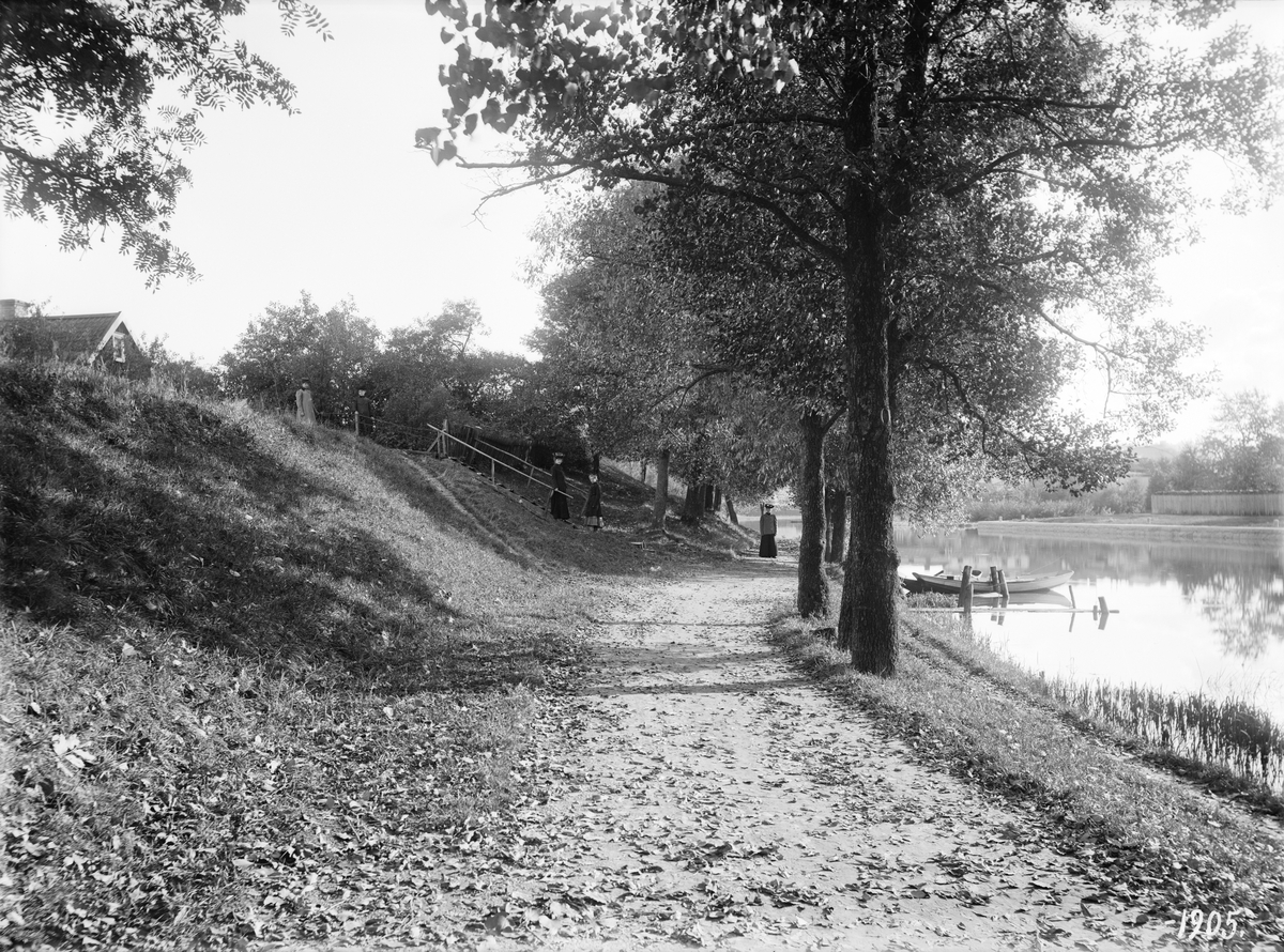 Motiv från Östra Strandpromenaden i Linköping. Fotograf Essen stod vid tillfället ungefär vid nuvarande Drottningbros östra fäste. Vid tiden för bilden var den egentliga benämningen på gångstråket Brunnspromenaden, då den i första hand anlagts för att nå Ladugårdskällas hälsobringande vatten. Dagens strandpromenader mellan Stångebro och Tannefors anlades upplysningsvis först omkring 1930. I övrigt visar bilden en skymt av lägenheten Åbacka till vänster och till höger Övre hamnens stensatta kaj.