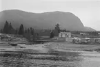 Skuleberget. I förgrunden ligger det olika mindre byggnader och gårdar utplacerade vid en strand.