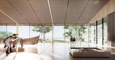 Illustrasjon av utstillingsrom med vindusvegg bakerst og en båt til venstre.