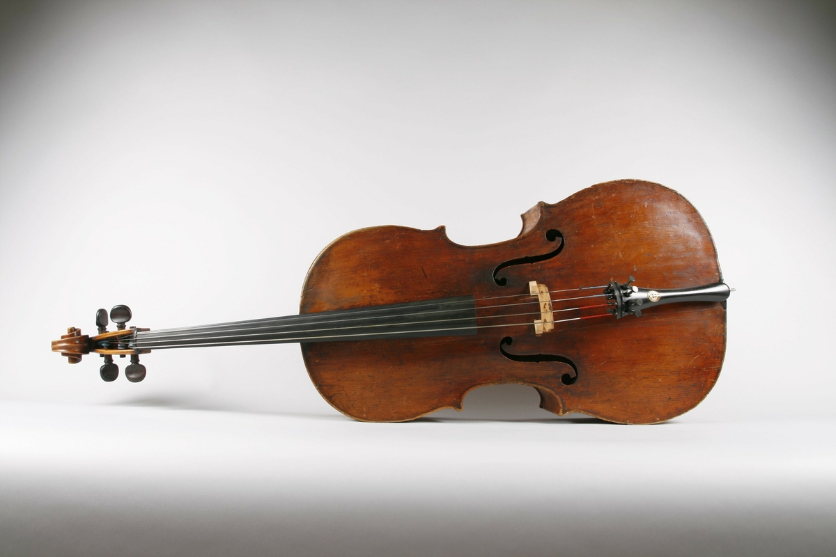 Strengeinstrument med lokk av gran. Bunn og sarg ahorn. Gripebrett og strengeholder i ibenholt, palisanderskruer. 

Hals og hode hører muligens originalt ikke til instrumentet. Skruekassen avkortet i nedre ende.