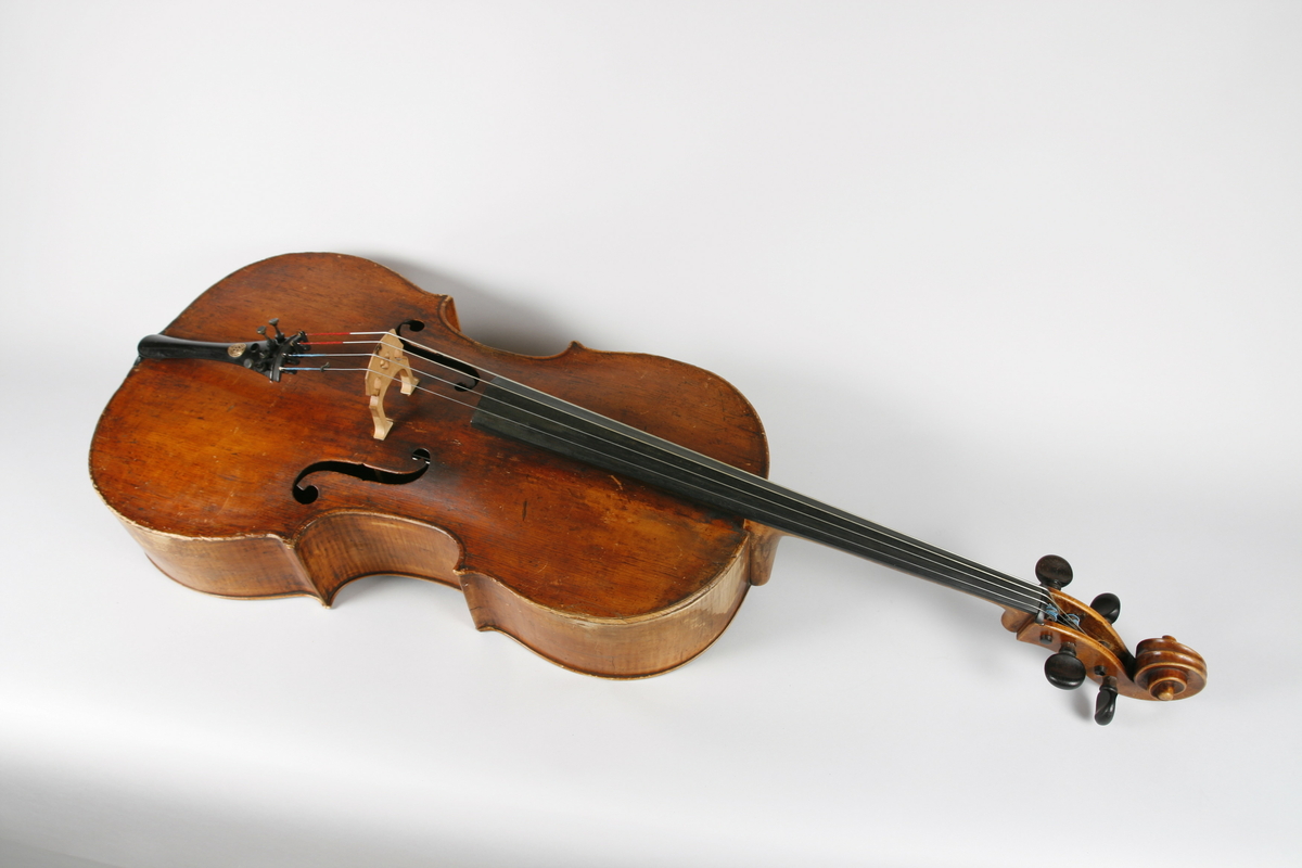 Strengeinstrument med lokk av gran. Bunn og sarg ahorn. Gripebrett og strengeholder i ibenholt, palisanderskruer. 

Hals og hode hører muligens originalt ikke til instrumentet. Skruekassen avkortet i nedre ende.