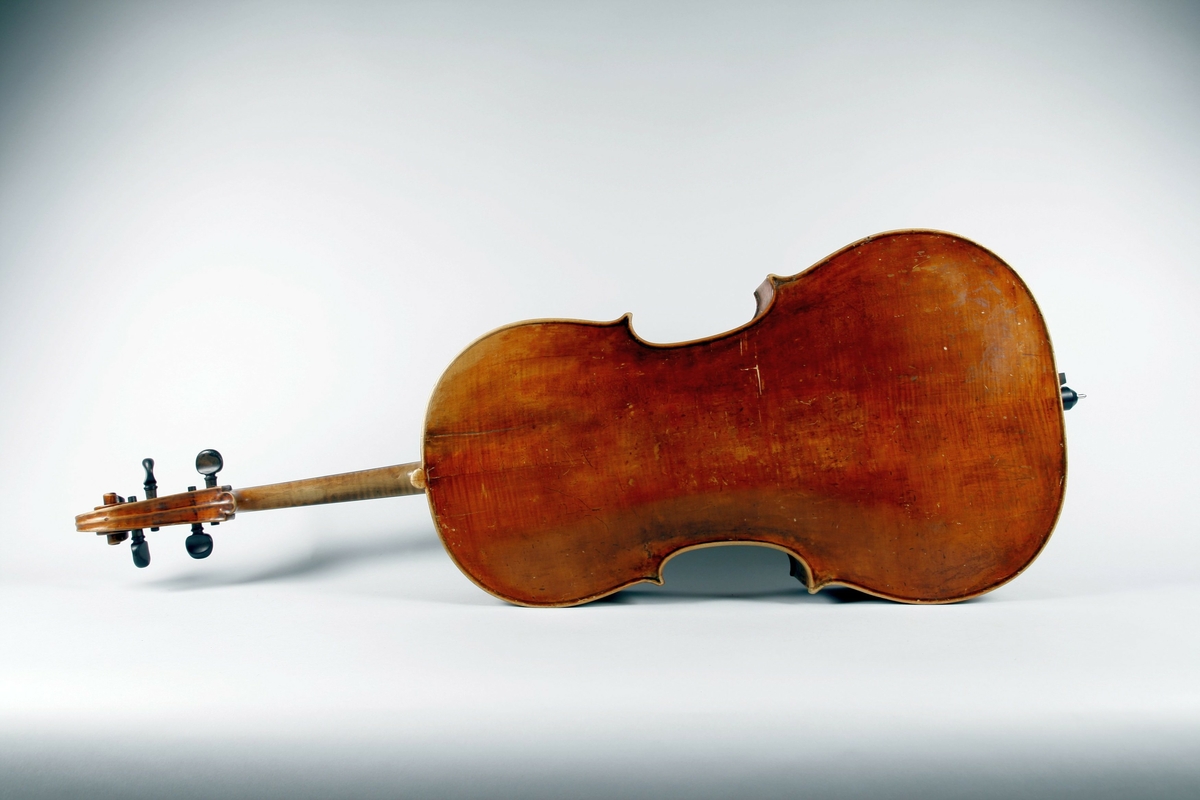 Strengeinstrument med lokk av gran. Bunn og sarg ahorn. Gripebrett og strengeholder i ibenholt, palisanderskruer. 

Hals og hode hører muligens originalt ikke til instrumentet. Skruekassen avkortet i nedre ende.