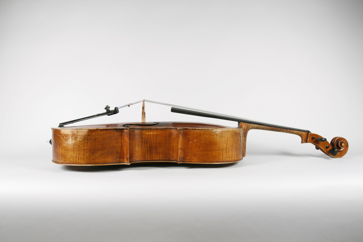 Strengeinstrument med lokk av gran. Bunn og sarg ahorn. Gripebrett og strengeholder i ibenholt, palisanderskruer. 

Hals og hode hører muligens originalt ikke til instrumentet. Skruekassen avkortet i nedre ende.