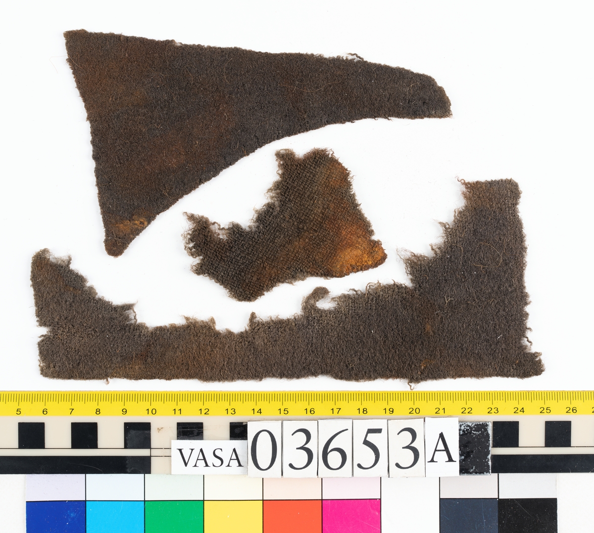 Textilfragment. Fem fragment uppdelade på 03653a-c. Fnr 03653a omfattar tre fragment i ull vävda i tuskaft som ser ut att ha varit valkade. De har idag en brun färg.
Fnr 03653b är ett fint/tunt fragment som är grått med rostfläckar. Fragmentet är av ull vävt i tuskaft och ser ut att ha varit valkat.
Fnr 03653c är filt och har idag en brun färg.


Textildokumentation 2018:


Ingår i kontextgrupp: ÖB31

Fyndnumret 03653a  innehåller 3 fragment av två typer (ÖB31.1:1-2, ÖB31.2:1).
Tygerna är tätt vävda med ruggade ytor. Invasiva fibrer, löst liggande, av ljus kulör finns på alla tre fragmenten. Tygerna är snarlika men skiljer sig bl.a åt vad det gäller trådtäthet.

ÖB31.1:1-2 har slitna kanter samt bortnött lugg på vissa ställen. 
ÖB31.1:1 Ett rostigt avtryck i form av en dubbelbåge, möjligtvis av en hyska  eller en hake. Inga stygnhål syns. Tillskurna kanter på tre sidor. Antydan till tillskuren svängd kant med bristningar utefter en söm. 
ÖB31.1:2 Ett hörn med förhårdnad av rost. Ena sidan har bevarad lugg men andra sidan bortsliten lugg. Ett svagt avtryck i form av en dubbelbåge, möjligtvis av en hyska  eller en hake tillsammans med stygnhål. Antydan till tillskurna kanter på två sidor.
ÖB31.2:1 Bevarade tillskurna kanter varav två med stygnhål och spår av kaststygn. En del stygnhål har rester av rost. På ena sidan finns ett avtryck i form av ett C.  


TEKNIK Typ.nr: ÖB31.1:1-2
Teknik
Trådsystem 1
Trådtäthet (tr/cm): 9-11
Garn nr: 1
Fibermaterial: ull
Garngrovlek (mm): 0,9-1,1
Antal trådar: 1
Spinnriktning: s
Spinnvinkel (grader): 18,3-30,7
Färg:  brun, originalfärg okänd

Trådsystem 2
Trådtäthet (tr/cm): 9-11
Garn nr: 2
Fibermaterial: ull
Garngrovlek (mm): 0,7-0,9
Antal trådar: 1
Spinnriktning: z
Spinnvinkel (grader): 24,8-35,4
Färg: brun, originalfärg okänd

TEKNIK Typ.nr: ÖB31.2:1
Trådsystem 1
Trådtäthet (tr/cm): 10-11
Garn nr: 1
Fibermaterial: 
Garngrovlek (mm): 0,7-0,9
Antal trådar: 1
Spinnriktning: z
Spinnvinkel (grader): -
Färg:  brun, originalfärg okänd

Trådsystem 2
Trådtäthet (tr/cm): 10-11
Garn nr: 2
Fibermaterial: ull
Garngrovlek (mm): 0,7-1,0
Antal trådar: 1
Spinnriktning: s
Spinnvinkel (grader): -
Färg: brun, originalfärg okänd

Fyndnumret 03653b  innehåller 1 fragment (ÖB31.3:1).
Ett mycket tätt vävt tyg med lugg i en ljusare kulör. Ytbehandlad på båda sidorna. På ena sidan är luggen slät och blank samt lutar i en riktning.
Bevarade tillskurna kanter på fyra av fem sidor. Fält med avtryck av rost. Ljusare på ena sidan.


TEKNIK Typ.nr: ÖB31.3:1
Trådsystem 1
Trådtäthet (tr/cm): 27-29
Garn nr: 1
Fibermaterial: ull
Garngrovlek (mm): 0,18-0,22
Antal trådar: 1
Spinnriktning: s
Spinnvinkel (grader): 29-35
Färg: originalfärg okänd 

Trådsystem 2
Trådtäthet (tr/cm): 23-26
Garn nr: 2
Fibermaterial: ull
Garngrovlek (mm): 0,18-0,26
Antal trådar: 1
Spinnriktning: z
Spinnvinkel (grader): 30
Färg: originalfärg okänd


Fyndnumret 03653c  innehåller 1 större samt två mindre fragment. (ÖB31.4:1).
En textil av filtad ull.  Avtryck av järn.

TEKNIK Typ.nr: ÖB31.4:1
Fibermaterial: ull, tunna brunna med inslag av mörkare tjockare fibrer.
Färg: olika nyanser av brunt


Dokumenterad av JH nov 2017, AS maj 2018.
Införd av MS juni 2018.