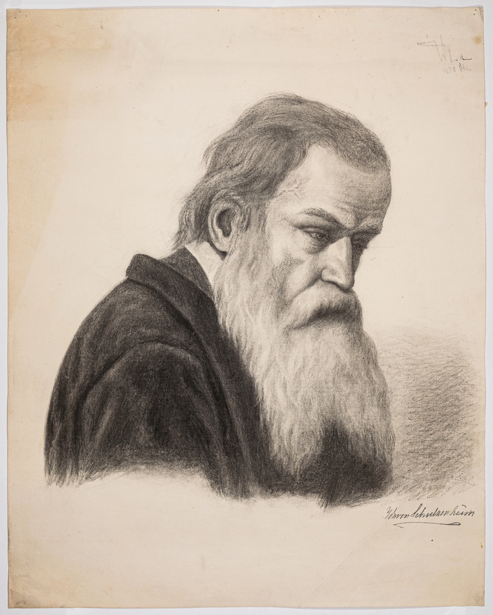 Modellstudie, avbildning av man i profil, långt skägg och bakåtkammat hår.  Signerad Ida von Schulzenheim 1878 Oct. Ytterligare signatur.