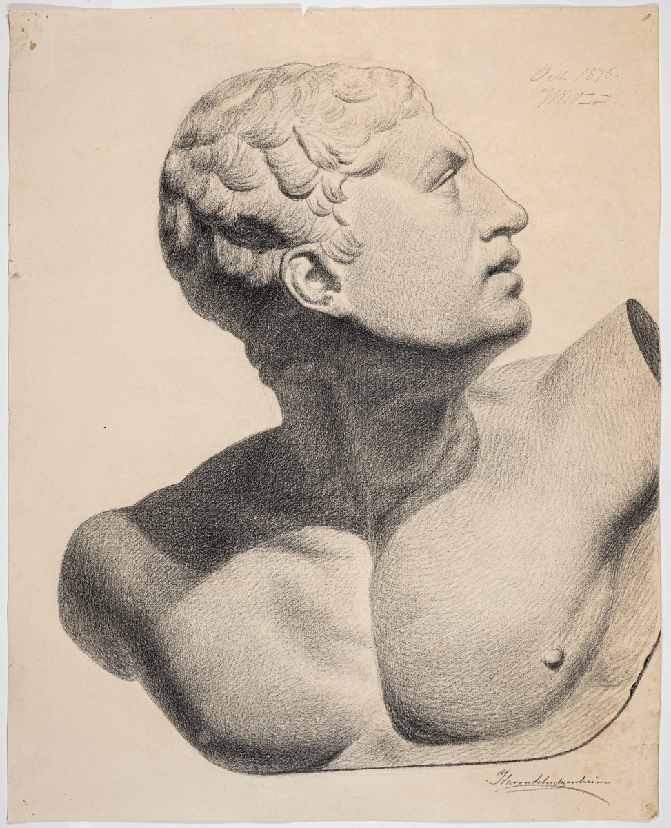 Antikstudie, avbildning av skulptur, byst av man i profil. Signerad Ida von Schulzenheim. Påskrift Oct 1878 WW__