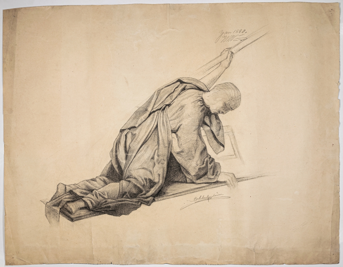 Modellstudie, avbildning av knäböjande man draperad i tyg. Ansikte ej avslutat. Signerad I. v. Schulzenheim. Påskrift "Jan 1880 WW"
Påskrift baksida: "Rent + halfrent papper"