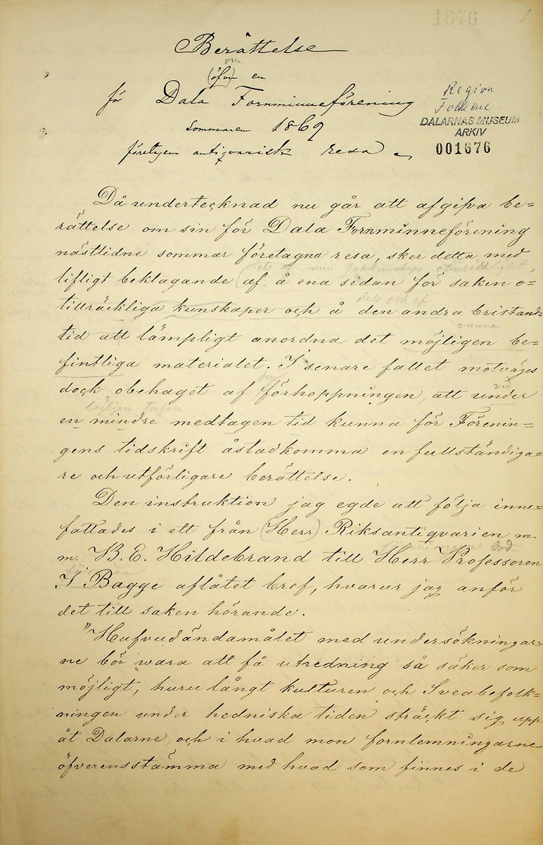 Reseberättelse över en antikvarisk resa av vik. läroverksadjunkten K.E. Roberg sommaren 1869. Daterad Falun d 20/12 1869.
Om sägner och fornminnen från By och Folkärna socknar.