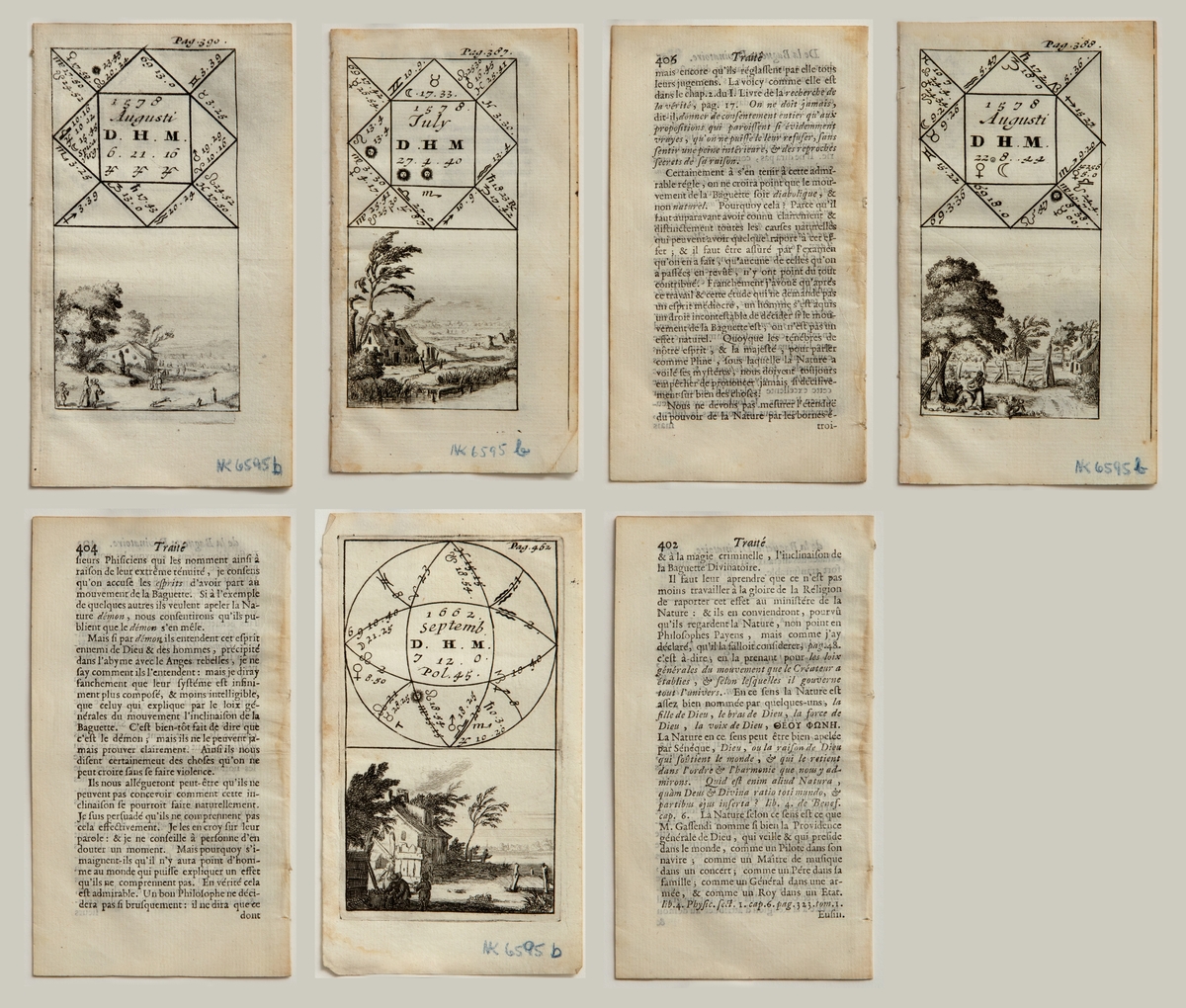 Fire illustrasjoner som viser landskap med astronomiske diagrammer:

Pag. 387: Illustrasjon med landskap og hus under et tre. I bakgrunnen ser vi jorder og en sjø. Over motivet er et astronomisk diagram for juli 1578. Denne illustrasjonen henger sammen med to ark med fransk tekst fra tilhørende bok. 

Pag. 388: Illustrasjon med landskap med to epleplukkere under et tre med stige. I bakgrunnen er det et gjerde og et hus. Over motivet er et astronomisk diagram for august 1578. Inkludert er en illustrasjon på "Pag. 389" som viser landskap med hus, elv, et falleferdig gjerde og et skur under et tre. Over motivet er et astronomisk diagram for august 1578. Disse to illustrasjonene henger sammen med to ark med fransk tekst fra tilhørende bok.

Pag. 390: Illustrasjon med landskap med figurer som går langs en vei forbi et hus i en treklynge. Over motivet er et astronomisk diagram for august 1578. Inkludert er tre illustrasjoner til. "Pag. 391" viser landskap med hus og åker. Over motivet er et astronomisk diagram for september 1578. "Pag. 392" viser landskap med figurer som slår gress, samt noen som har lunsjpause mellom en vogn og en høystakk. Over motivet er et astronomisk diagram for juli 1578. "Pag. 393" viser landskap med figurer som slår gress og binder det opp. I forgrunnen er en hest med katt på ryggen. Over motivet er et astronomisk diagram for august 1578. Disse illustrasjonene henger sammen med fire ark med fransk tekst fra tilhørende bok.

Pag. 462: Illustrasjon med et hus ved et vann med en liten brygge, samt noen skikkelser med fylte kurver som går gjennom en port. Over motivet er et astronomisk diagram for september 1662.