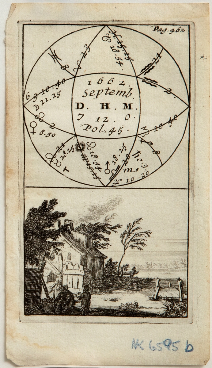 Fire illustrasjoner som viser landskap med astronomiske diagrammer:

Pag. 387: Illustrasjon med landskap og hus under et tre. I bakgrunnen ser vi jorder og en sjø. Over motivet er et astronomisk diagram for juli 1578. Denne illustrasjonen henger sammen med to ark med fransk tekst fra tilhørende bok. 

Pag. 388: Illustrasjon med landskap med to epleplukkere under et tre med stige. I bakgrunnen er det et gjerde og et hus. Over motivet er et astronomisk diagram for august 1578. Inkludert er en illustrasjon på "Pag. 389" som viser landskap med hus, elv, et falleferdig gjerde og et skur under et tre. Over motivet er et astronomisk diagram for august 1578. Disse to illustrasjonene henger sammen med to ark med fransk tekst fra tilhørende bok.

Pag. 390: Illustrasjon med landskap med figurer som går langs en vei forbi et hus i en treklynge. Over motivet er et astronomisk diagram for august 1578. Inkludert er tre illustrasjoner til. "Pag. 391" viser landskap med hus og åker. Over motivet er et astronomisk diagram for september 1578. "Pag. 392" viser landskap med figurer som slår gress, samt noen som har lunsjpause mellom en vogn og en høystakk. Over motivet er et astronomisk diagram for juli 1578. "Pag. 393" viser landskap med figurer som slår gress og binder det opp. I forgrunnen er en hest med katt på ryggen. Over motivet er et astronomisk diagram for august 1578. Disse illustrasjonene henger sammen med fire ark med fransk tekst fra tilhørende bok.

Pag. 462: Illustrasjon med et hus ved et vann med en liten brygge, samt noen skikkelser med fylte kurver som går gjennom en port. Over motivet er et astronomisk diagram for september 1662.