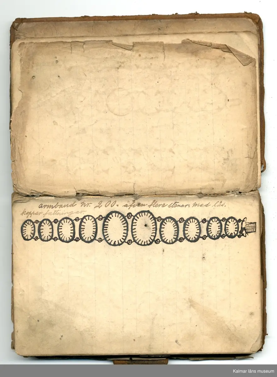 KLM 46368:1. Bok, modellbok. Band av kartong klätt med brunt läder. På bokens förstasida: Modell-bok hos J.G. Hentzell Kalmar. Fabrik för Guld, Silfver och Nysilvfer samt ett register över bokens innehåll. Boken innehåller handritade modellritningar i blyerts och bläck av bl.a. broscher, armband, klockkedjor och skedar. I boken även diverse lösa blad och lappar med ytterligare ritningar och anteckningar.