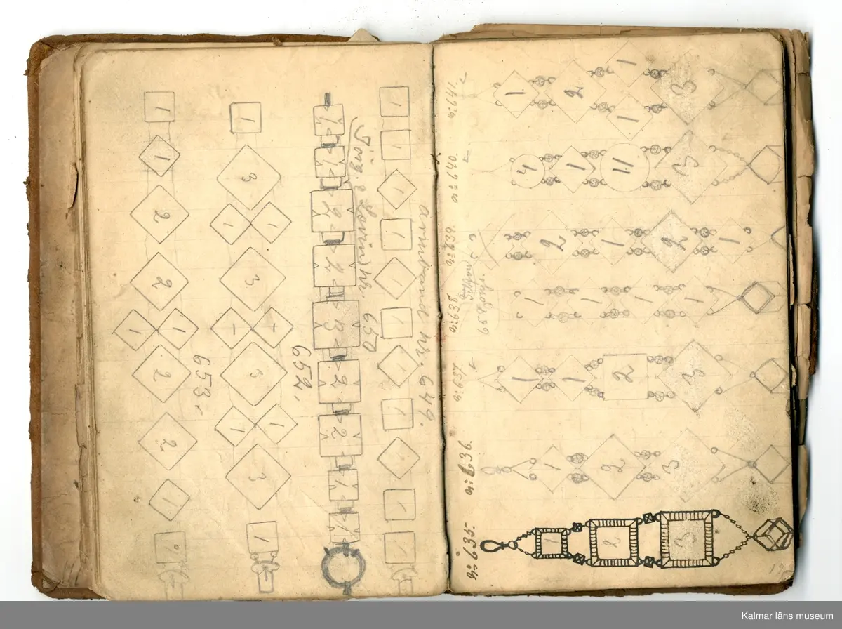 KLM 46368:1. Bok, modellbok. Band av kartong klätt med brunt läder. På bokens förstasida: Modell-bok hos J.G. Hentzell Kalmar. Fabrik för Guld, Silfver och Nysilvfer samt ett register över bokens innehåll. Boken innehåller handritade modellritningar i blyerts och bläck av bl.a. broscher, armband, klockkedjor och skedar. I boken även diverse lösa blad och lappar med ytterligare ritningar och anteckningar.