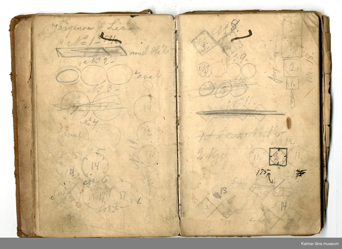 KLM 46368:1. Bok, modellbok. Band av kartong klätt med brunt läder. På bokens förstasida: Modell-bok hos J.G. Hentzell Kalmar. Fabrik för Guld, Silfver och Nysilvfer samt ett register över bokens innehåll. Boken innehåller handritade modellritningar i blyerts och bläck av bl.a. broscher, armband, klockkedjor och skedar. I boken även diverse lösa blad och lappar med ytterligare ritningar och anteckningar.