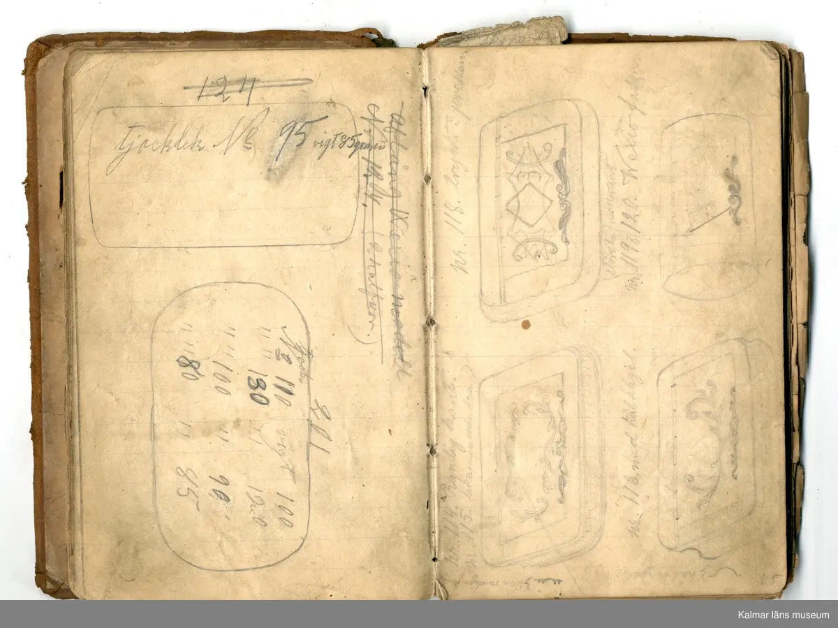 KLM 46368:1. Bok, modellbok. Band av kartong klätt med brunt läder. På bokens förstasida: Modell-bok hos J.G. Hentzell Kalmar. Fabrik för Guld, Silfver och Nysilvfer samt ett register över bokens innehåll. Boken innehåller handritade modellritningar i blyerts och bläck av bl.a. broscher, armband, klockkedjor och skedar. I boken även diverse lösa blad och lappar med ytterligare ritningar och anteckningar.