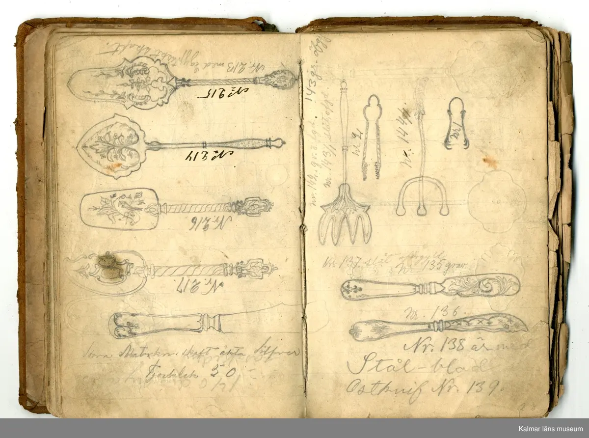 KLM 46368:1. Bok, modellbok. Band av kartong klätt med brunt läder. På bokens förstasida: Modell-bok hos J.G. Hentzell Kalmar. Fabrik för Guld, Silfver och Nysilvfer samt ett register över bokens innehåll. Boken innehåller handritade modellritningar i blyerts och bläck av bl.a. broscher, armband, klockkedjor och skedar. I boken även diverse lösa blad och lappar med ytterligare ritningar och anteckningar.