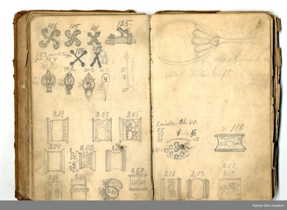 KLM 46368:1. Bok, modellbok. Band av kartong klätt med brunt läder. På bokens förstasida: Modell-bok hos J.G. Hentzell Kalmar. Fabrik för Guld, Silfver och Nysilvfer samt ett register över bokens innehåll. Boken innehåller handritade modellritningar i blyerts och bläck av bl.a. broscher, armband, klockkedjor och skedar. I boken även diverse lösa blad och lappar med ytterligare ritningar och anteckningar.