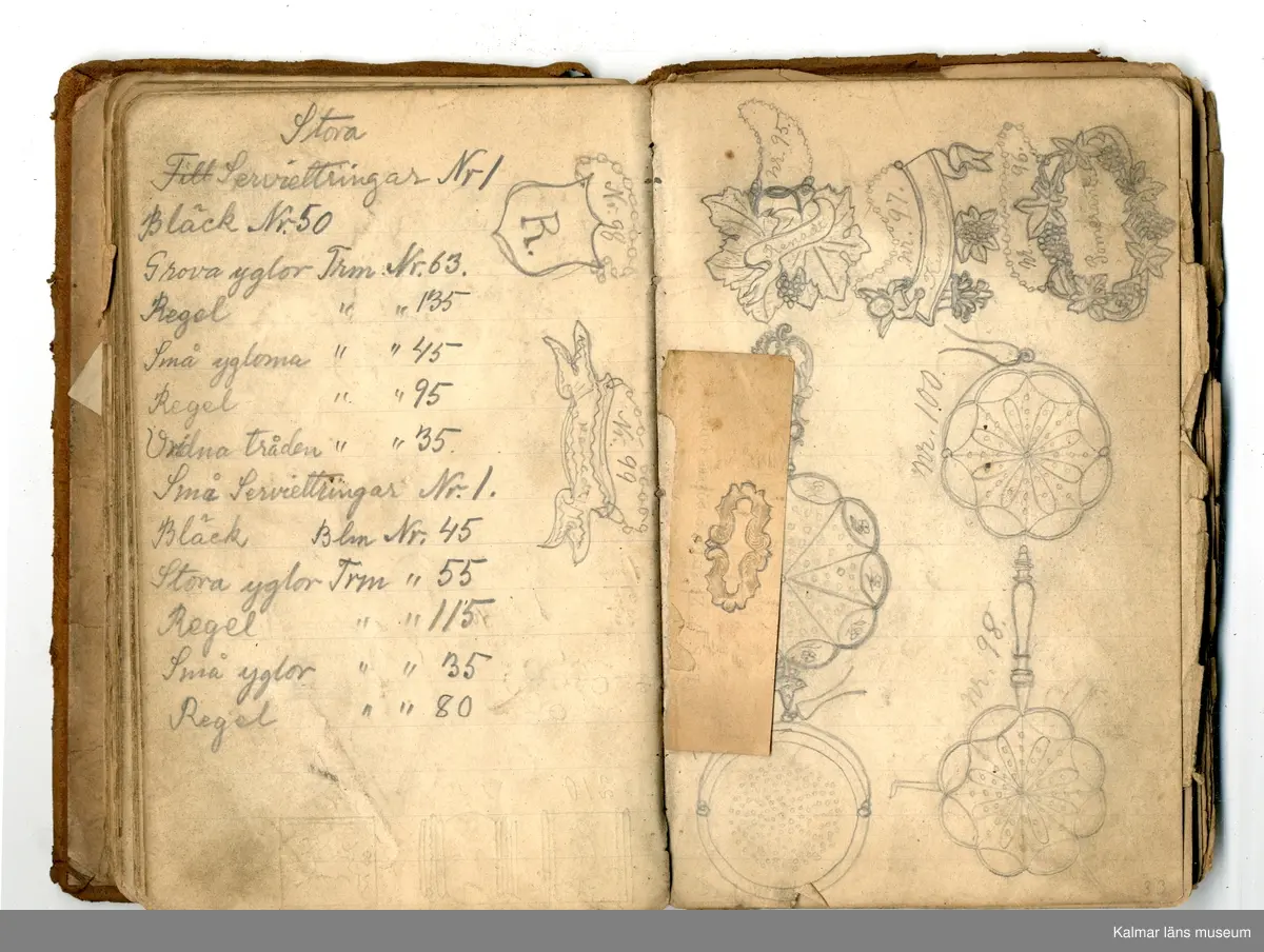 KLM 46368:1. Bok, modellbok. Band av kartong klätt med brunt läder. På bokens förstasida: Modell-bok hos J.G. Hentzell Kalmar. Fabrik för Guld, Silfver och Nysilvfer samt ett register över bokens innehåll. Boken innehåller handritade modellritningar i blyerts och bläck av bl.a. broscher, armband, klockkedjor och skedar. I boken även diverse lösa blad och lappar med ytterligare ritningar och anteckningar.