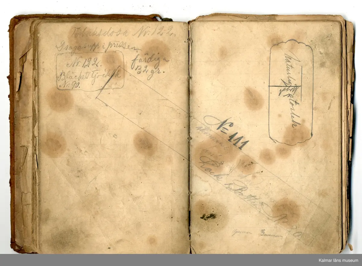 KLM 46368:1. Bok, modellbok. Band av kartong klätt med brunt läder. På bokens förstasida: Modell-bok hos J.G. Hentzell Kalmar. Fabrik för Guld, Silfver och Nysilvfer samt ett register över bokens innehåll. Boken innehåller handritade modellritningar i blyerts och bläck av bl.a. broscher, armband, klockkedjor och skedar. I boken även diverse lösa blad och lappar med ytterligare ritningar och anteckningar.