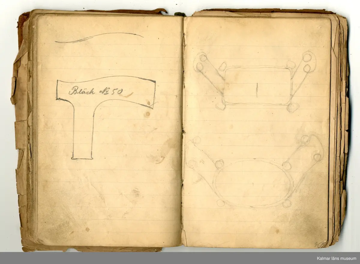 KLM 46368:1. Bok, modellbok. Band av kartong klätt med brunt läder. På bokens förstasida: Modell-bok hos J.G. Hentzell Kalmar. Fabrik för Guld, Silfver och Nysilvfer samt ett register över bokens innehåll. Boken innehåller handritade modellritningar i blyerts och bläck av bl.a. broscher, armband, klockkedjor och skedar. I boken även diverse lösa blad och lappar med ytterligare ritningar och anteckningar.