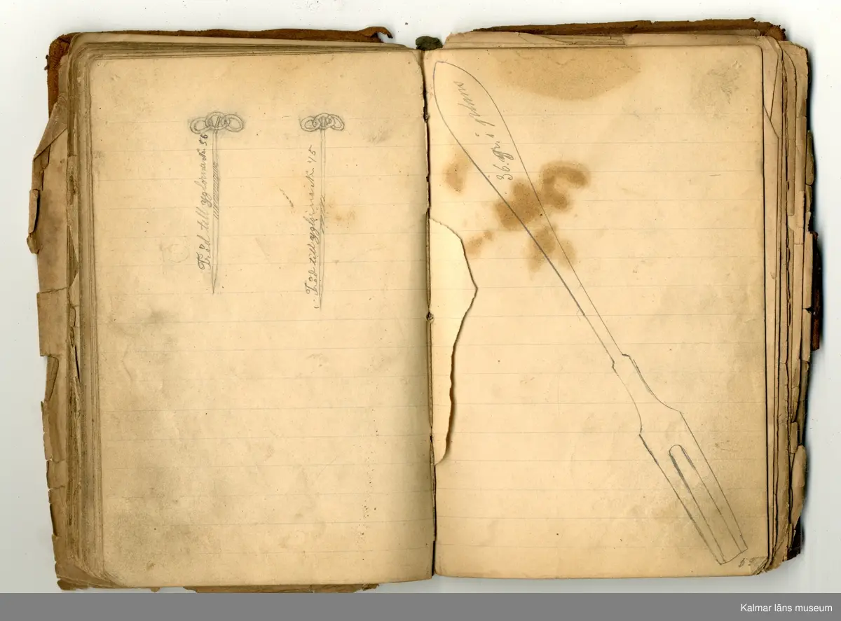 KLM 46368:1. Bok, modellbok. Band av kartong klätt med brunt läder. På bokens förstasida: Modell-bok hos J.G. Hentzell Kalmar. Fabrik för Guld, Silfver och Nysilvfer samt ett register över bokens innehåll. Boken innehåller handritade modellritningar i blyerts och bläck av bl.a. broscher, armband, klockkedjor och skedar. I boken även diverse lösa blad och lappar med ytterligare ritningar och anteckningar.