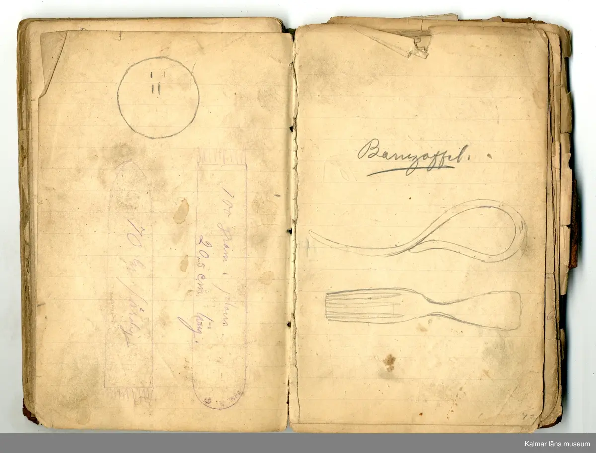 KLM 46368:1. Bok, modellbok. Band av kartong klätt med brunt läder. På bokens förstasida: Modell-bok hos J.G. Hentzell Kalmar. Fabrik för Guld, Silfver och Nysilvfer samt ett register över bokens innehåll. Boken innehåller handritade modellritningar i blyerts och bläck av bl.a. broscher, armband, klockkedjor och skedar. I boken även diverse lösa blad och lappar med ytterligare ritningar och anteckningar.